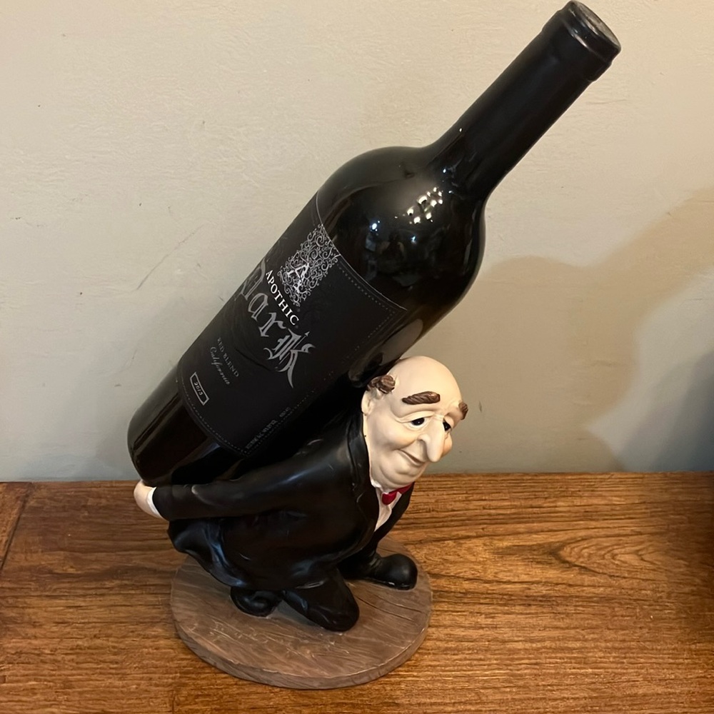 Funny wine bottle holder waiter Maitre D’ in tuxedo display credenza